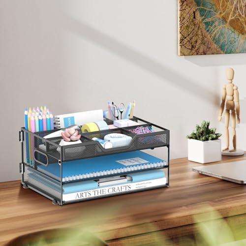 DALTACK 3 Tier Desk Organizer with Pen Holders and Paper Trays, Black