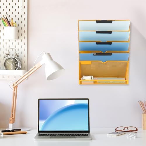 EASEPRES 6 Tier Mesh Hanging Wall File Organizer, Desk Vertical Mail Paper Document Folder Holder Rack with Bottom Tray and Nametag Label for Office Home School, Yellow