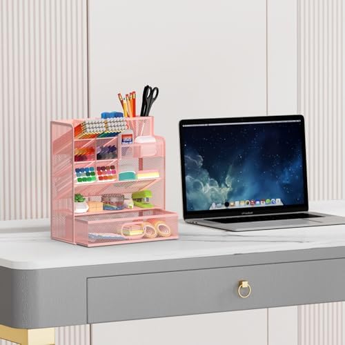 Mesh Pen Organizer for Desk, 13 Compartments with Drawer, Pink