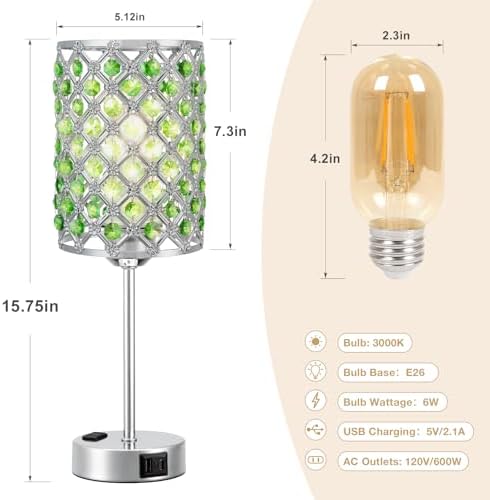 Crystal Lamp for Night Stands, Green Table Lamp for Bedroom, Bulb Included