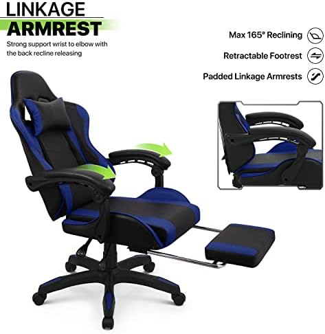 Magshion High-Back Gaming Chair with Footrest, Ergonomic Adjustable Recliner, 360° Swivel PU Leather Computer Chair with Headrest, Lumbar Support and Retractable Footrest for Home Office, Blue