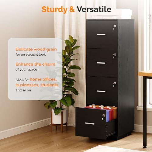 VINGLI 4 Drawer File Cabinet with Lock, Home Office Filing Organizer, for Letter Size File Folder Storage, Wood Tall Vertical Filing Cabinet, Printer Stand, Archivador (Black)