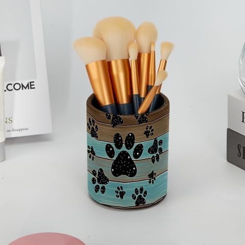 Teal Brown Wood Grain Galaxy Paws Pen Holder Pencil Organizer Cute Pencil Cup Desk Decor Makeup Brush Holder PU Multifunctional Office Supplies for Home Classroom School