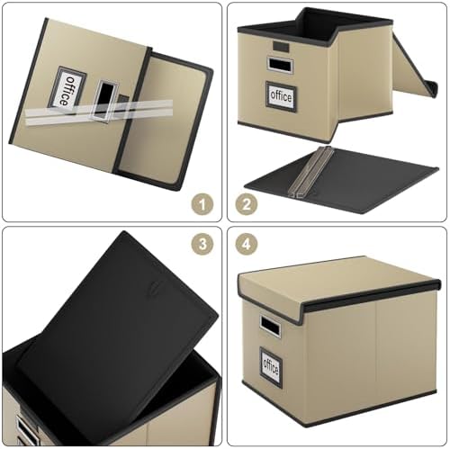 Foldable File Organizer Box with Lids (2 Pack, Khaki, Leather)