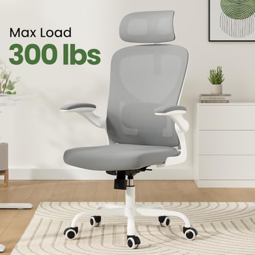 Ergonomic Home Office Desk Chair with Flip-Up Arms and Headrest, Gray/White
