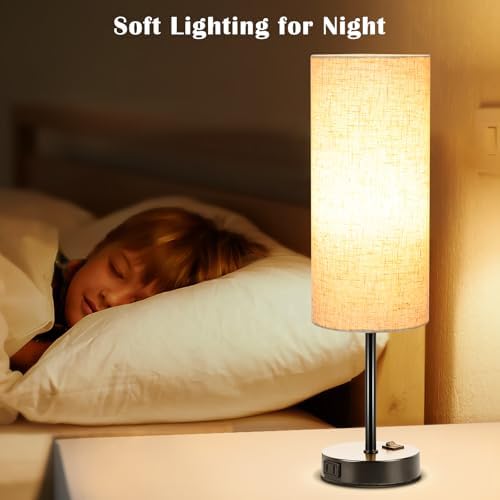 ZJOJO Table Lamp for Bedroom 2 Pack,18in Bedside Lamps with 3 Way Dimmable Rocker Switch & AC Outlet,Nightstand Desk Lamp with Flaxen Fabric Shade Black Base for Living Room Home Decor Lights