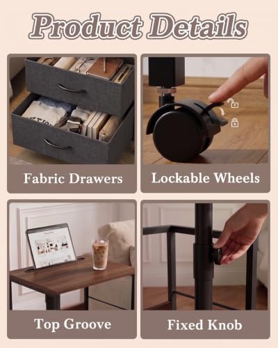 Faesun Night Stand with Charging Station & Swivel Top, Walnut Gray