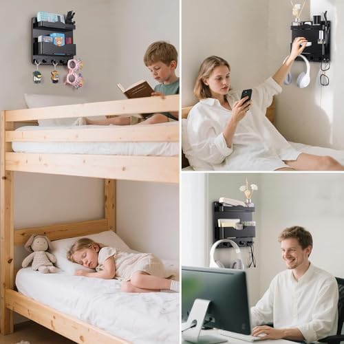 Bedside Wall Shelf with Glasses Hooks ,Adhesive Bedside Organizer Wall Mount for Dorm and Room Accessories Phone,Remote,Earphone, Kindle (Black)