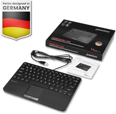 Perixx PERIBOARD-425 US Wired Mini USB Keyboard with Touchpad, X Type Scissor Keys, White Backlit, 2 USB Hubs, Compact 11.18x7.17x1.1 Inches, US English
