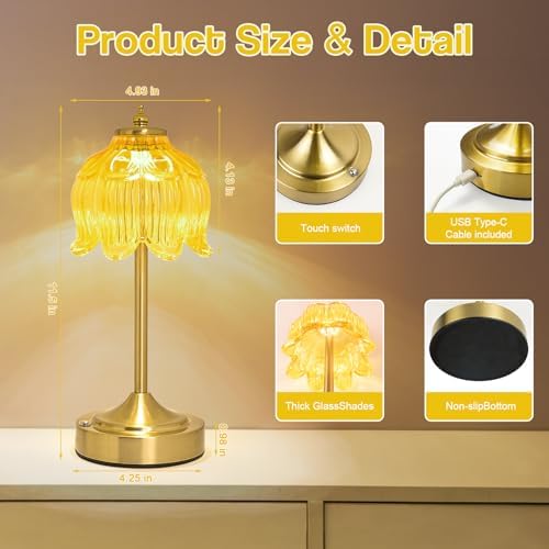 Cordless Table Lamp, Rechargeable Honey Gold Glass Lotus Flower Lamp