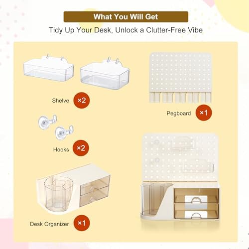 Comix Desk Organizer with 2 Drawer, Beige 360° Rotating Pen Holder for Desk