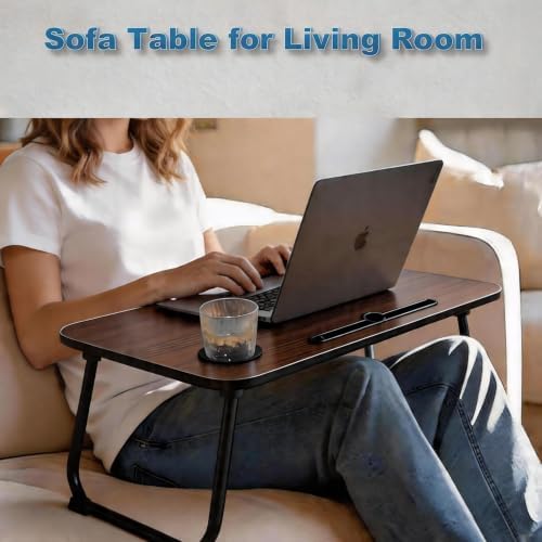 Large Lap Desk with Storage Drawer, Holders for Cup and Tablet, Tray Table with Foldable Legs, Laptop Bed Stand, Portable Standing Table for Sofa Couch Floor(27.6", Black Walnut)