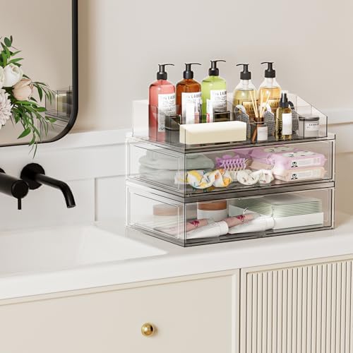 Clear Stackable Makeup Organizer with Drawer, 12''W Acrylic Storage Drawers