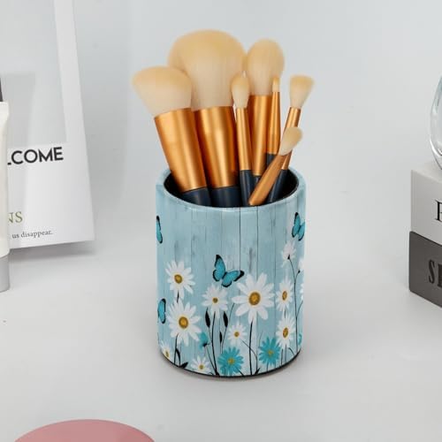 Daisy Floral Butterfly Rustic Plank Pen Holder Pencil Organizer Cute Pencil Cup Desk Decor Makeup Brush Holder PU Multifunctional Office Supplies for Home Classroom School