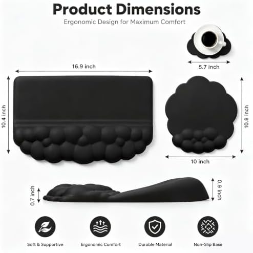 Cloud Keyboard Wrist Rest Set, 3 in 1 Ergonomic Memory Foam Keyboard Stand Pad with Mouse Wrist Support & Cup Holder, Anti-Slip Desk Cushion for Office Gaming Typing Pain Relief,Black