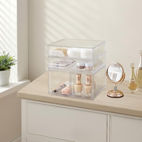 STORi Stackable Desk Organizer Drawers, Clear Pen Pencil Makeup Brush Holder for Desktops and Vanities, 4 Multi-size Drawers (Made in USA)