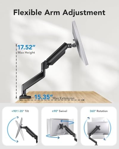 Single Monitor Arm, Adjustable Gas Spring Desk Mount for 13–32" Screens, VESA 75/100 Compatible, Heavy-Duty C-Clamp & Grommet Base, Supports 4.4–22 lbs
