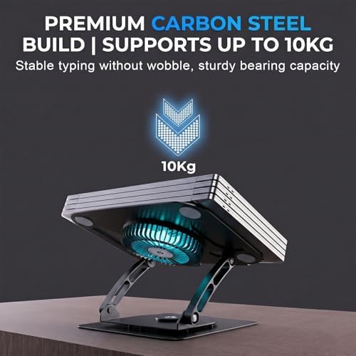 Adjustable Laptop Cooling Stand, 3-Speed Fan with RGB, 360° Rotating Base, Carbon Steel Foldable Laptop Riser, Ergonomic Height & Angle Adjustable Cooling Pad for Laptops & Tablets Up to 16” (Black)