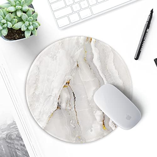 ITNRSIIET Round Mouse Pad with Stitched Edge Premium-Textured Waterproof Non-Slip Rubber Base Desktop Protection Mat Diameter 8.7 inches, White Textured Marble