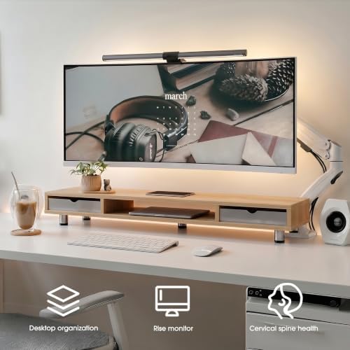 Fenge Dual Monitor Riser with 2 Drawers, 42.5in Long Desk Shelf, Dark Oak