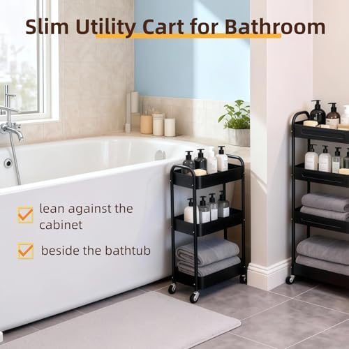 3 Tier Slim Metal Rolling Storage Cart for Laundry Room & Kitchen Organizer, 7.1'' Thin Standing Shelf for Narrow Spaces, Skinny Utility Cart with Wheels & Casters for Bathroom, Black
