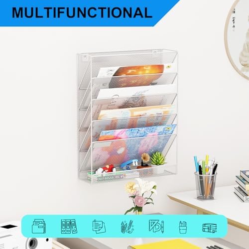 Wall File Organizer Holder Mesh Hanging Paper Document Holder, Vertical 6 Pocket Tier for Office Home, Silver