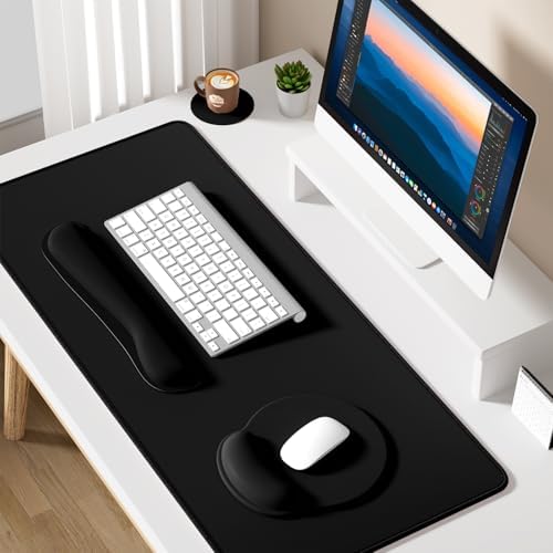 Dapesuom Large Gaming Mouse Pad, Black Mouse Pads with Wrist Rest Wrist Support, 4in1 Big XXL Desk Mat Desk Pad + Ergonomic Mousepad + Memory Foam Keyboard Mat Wrist Rest + Coaster Set for Computer