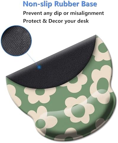 Green Mouse Pad Wrist Support,Ergonomic Mouse Pad with Wrist Rest,Comfortable Mousepad with Smooth Wrist Rest,Pain Relief Mouse Pads for Non-Slip Base,Computer,Laptop,Office(Vintage Groovy Flowers)