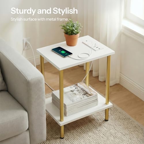 HOOBRO Side Table with Charging Station, Set of 2 End Tables with USB Port and Outlets, Nightstand with 2-Layer Storage Shelves for Small Spaces, Living Room, Bedroom, White and Gold DW09UBZP201