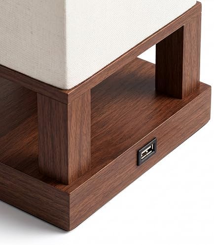 Brightech Maxwell Bedside Lamp with USB Port – Compact Table Lamp for Bedroom, Living Room - Modern Asian Nightstand Lamp with Wood Frame - LED Bulb, Soft Light - Havana Brown