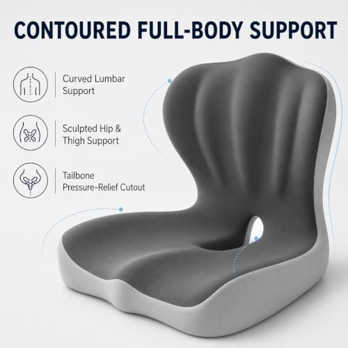 Ergonomic Memory Foam Seat Cushion, L Shaped Lumbar Support Pillow with Tailbone Relief, Orthopedic Chair Pad for Office, Car, Gaming Chair, Travel (Comfort Black & Gray)