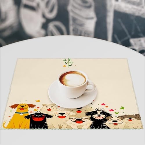 Cute Dogs Floral Washable Placemats Set of 4, Durable Heat Resistant Table Mats 17.7 X 11.8 Inch for Dining Table Kitchen Decor Indoor Use