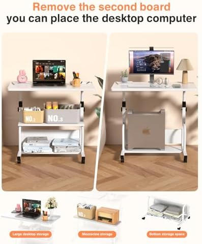 QZMDSM Portable Desk with Wheels Small Standing Desk on Wheels Adjustable Height Rolling Desks for Small Spaces, 32" Computer Desks with Storage Shelves for Home Office Study White