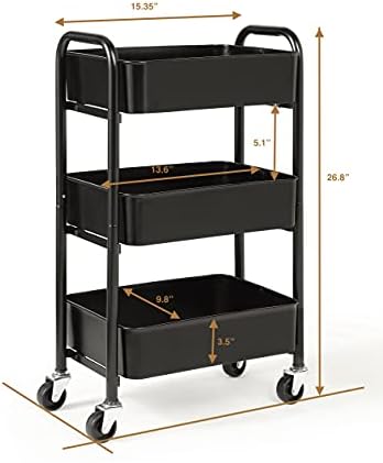 SunnyPoint 3-Tier Delicate Compact Rolling Metal Storage Organizer - Mobile Utility Cart Kitchen/Under Desk Cart with Caster Wheels - BLK (15.35" X 10.24" X 26.8"H)