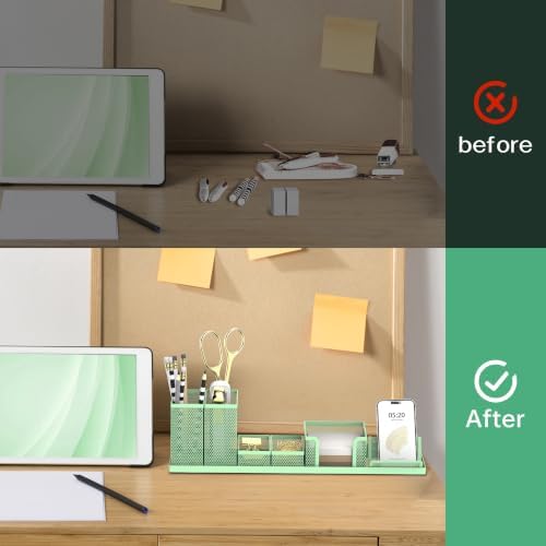 Pen Holder for Desk, 6-Piece Mesh Desk Organizer with Phone Holder, Green