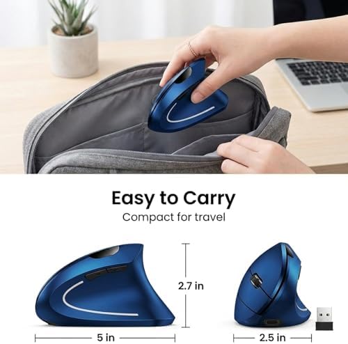 Ergonomic Vertical Wireless Mouse, 2.4G Optical Mouse with USB Receiver, 800-1600 DPI, Silent Click, Battery Powered, 5 Buttons, Stylish Comfortable Mouse for Laptop, PC, Mac, Computer (Blue)