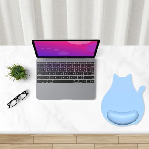 Ergonomic Mouse Pad with Wrist Rest, Cute Cat Memory Foam Padded Pain Relief Non-Slip Wrist Support Mouse Mat for Gaming Work Computer Laptop, Funny Office Supplies Desk Accessory, Sky Blue