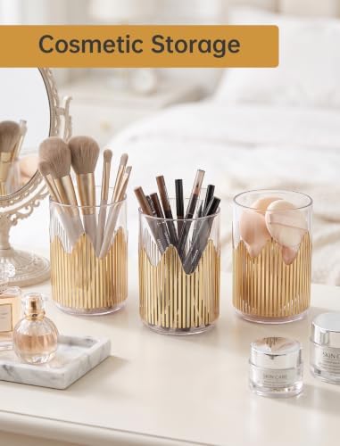 Clear Gold Striped Pen Holder, Makeup Brush & Toothbrush Cup