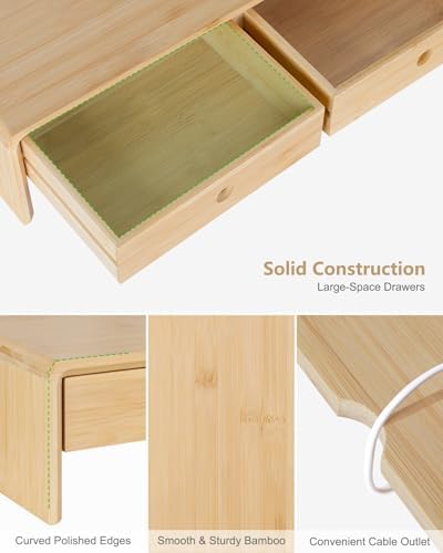 Ufine Bamboo Monitor Stand with 2 Drawers & Keyboard Storage