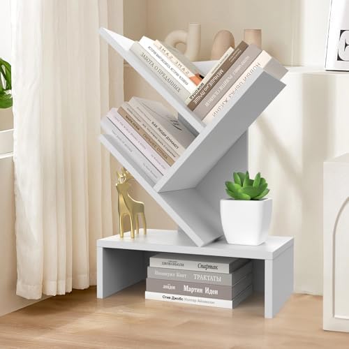 Godferyxin Small Bookshelf,4-Tier Bookshelf with Drawers,White Bookshelf