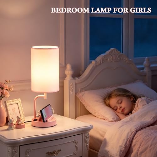 Dreamholder Touch Control USB Table Lamp with USB C/A & AC Outlet, 3-Way Dimmable Bedside Lamp, Modern Nightstand Lamps for Bedroom Living Room Guest Room Office, Bulb Included, Pink