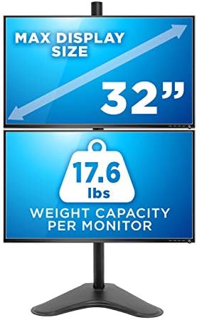 Mount-It! Vertical Dual Monitor Stand, Freestanding Stacked Monitor Mount for 2 Screens 17–32", Height Adjustable, Tilt Swivel Rotate, Portrait or Landscape, Holds 17.6 lbs per Arm, No Desk Clamp Needed