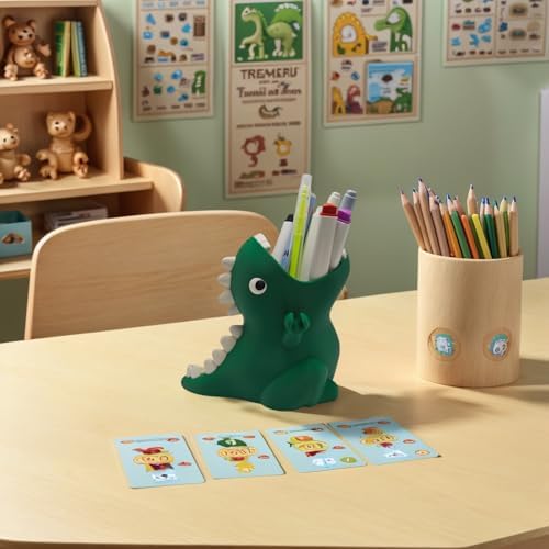 TIME&TRAVE Cute Dinosaur Pen Holder for Desk, 3D Printed Creative Pencil Holder Desk Organizers, Office Supplies Decorations Idea Gift for Women Kids (Green)
