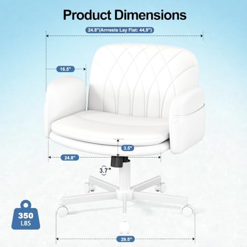 Misolant Criss Cross Chair with Armrests & Wheels for Cross-Legged Sitting, Comfortable PU Leather Vanity Chair, Office Desk Chairs with Adjustable Rocking Function, for Home, Bedroom White