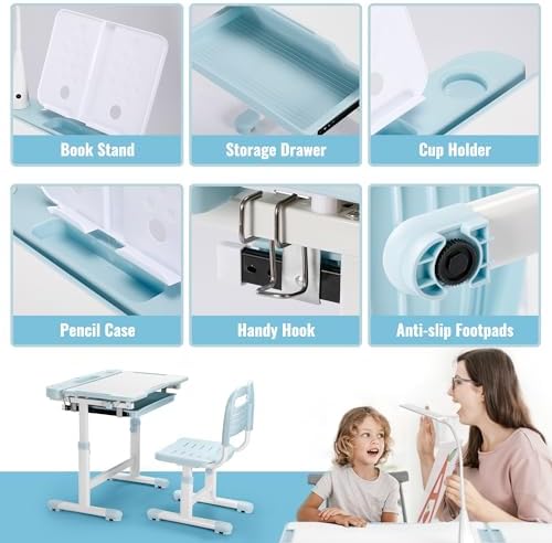 Rengue Kids Desk and Chair Set, Height Adjustable Children School Functional Study Desk with 55° Tiltable Desktop, 3 Modes & Brightness LED Light, Storage Drawer & Metal Hook for Boys Girls (Blue)