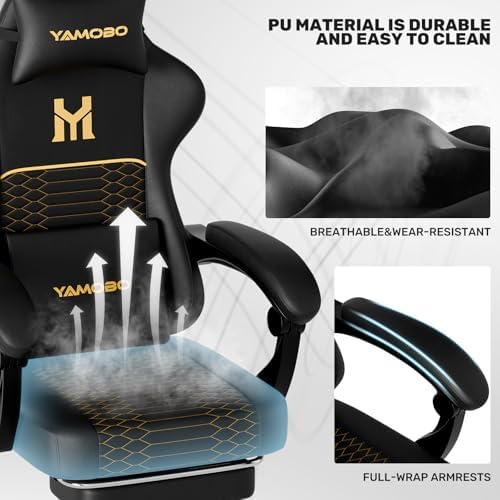 Gaming Chair with Footrest, Ergonomic Video Game Chair with Adjustable Lumbar and Headrest Massage Support,PU Leather High Back Recliner Comfortable for Office, Game and Study, Black
