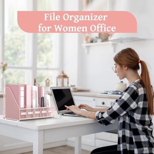 SUPEASY Desk Organizers Metal Desk Magazine File Holder with 5 Vertical Compartments Rack File Organizer for Office Desktop, Classroom, Home Workspace, Pink Plus