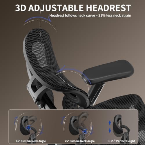 Mesh Office Chair, Ergonomic Office Chair, Home Office Desk Chairs with Headrest, 90-135° Tilt Lock and Breathable Backrest & Lumbar Support, 5D Armrest, Computer Chairs (Large Chair)