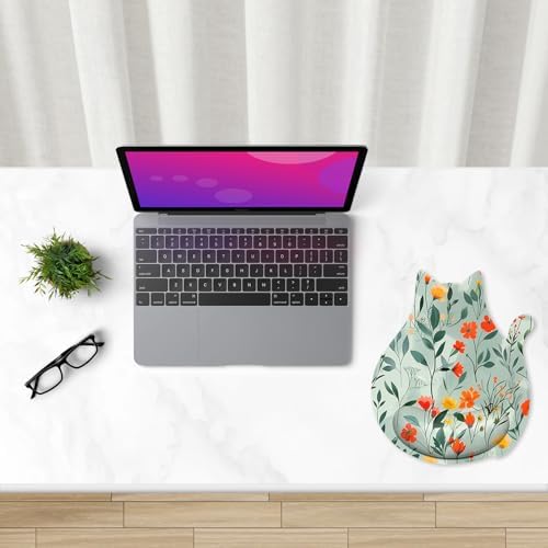 Ergonomic Mouse Pad with Wrist Rest, Cute Cat Memory Foam Padded Pain Relief Non-Slip Wrist Support Mouse Mat for Gaming Work Computer Laptop, Funny Office Supply Desk Accessory, Pretty Flower