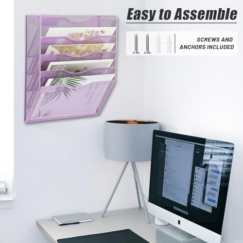 EASEPRES 5 Pocket Mesh Hanging Wall File Organizer, Wall Mounted Mail Paper Document Folder Holder, Clipboard Storage Organization Magazine Rack with Nametag Label for Office Home School, Light Purple